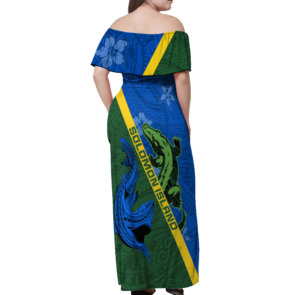 Solomon Island Crocodile and Shark Off Shoulder Maxi Dress Polynesian Pattern
