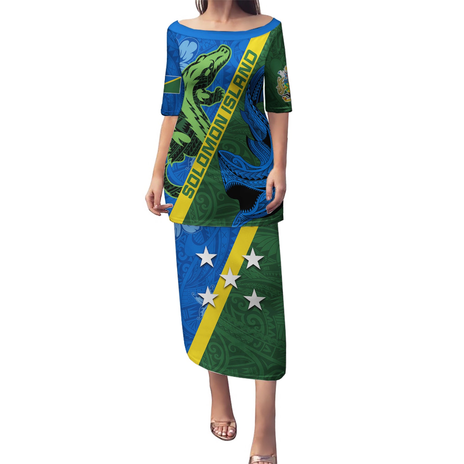 Solomon Island Crocodile and Shark Puletasi Polynesian Pattern