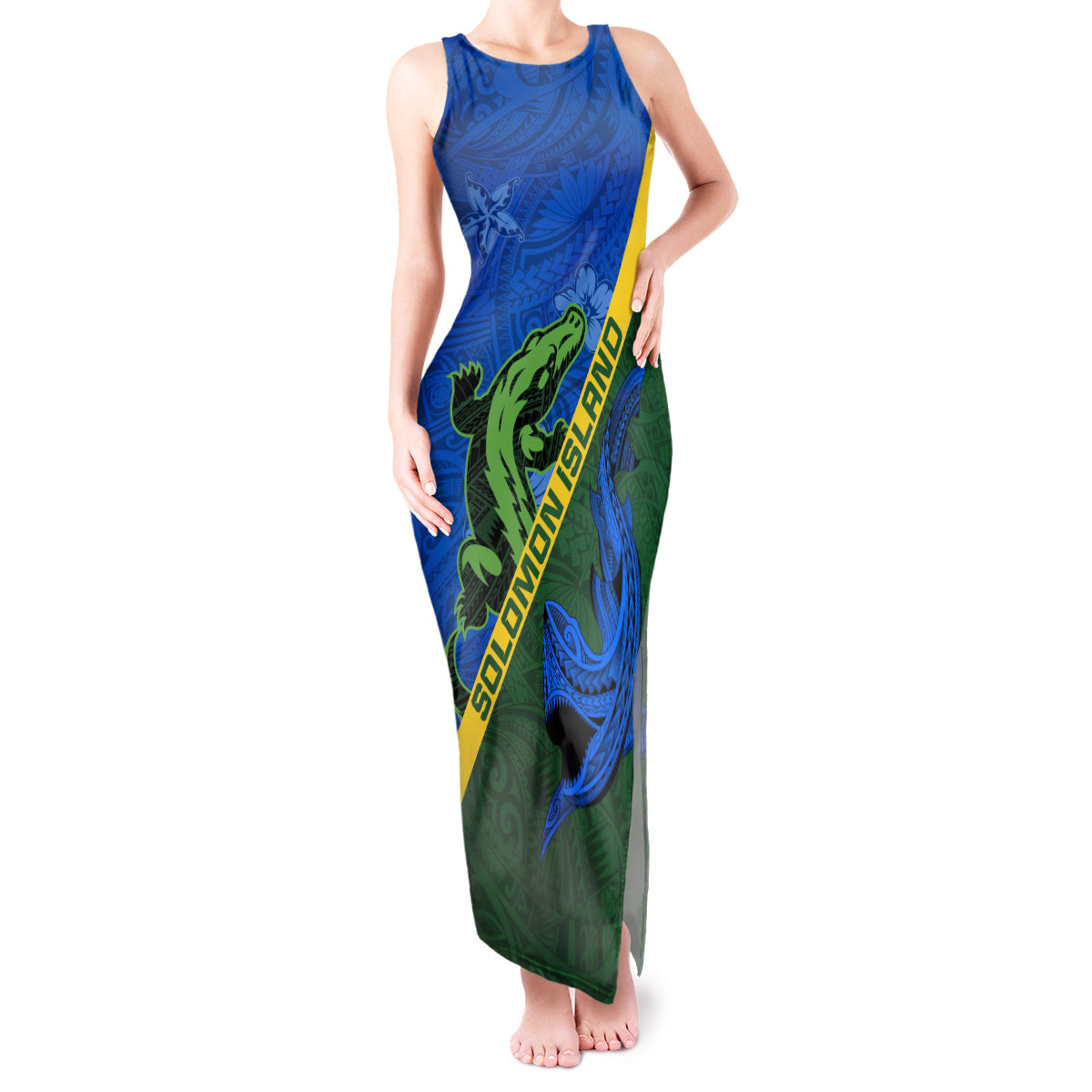 Solomon Island Crocodile and Shark Tank Maxi Dress Polynesian Pattern