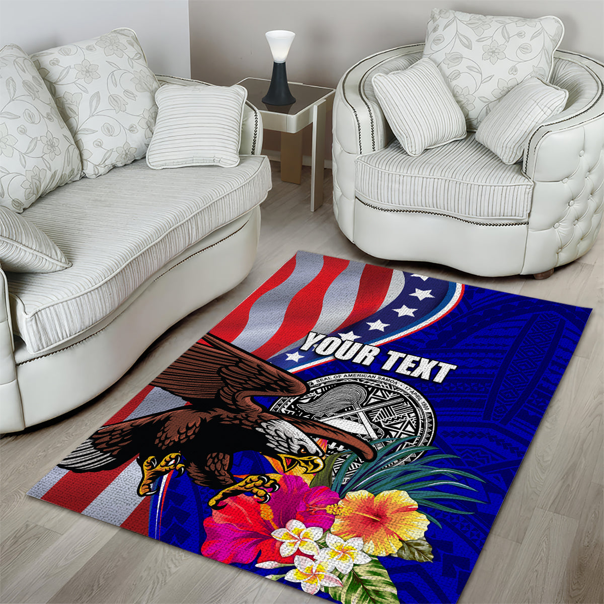 Personalised American Samoa and United States Area Rug Bald Eagle and Seal Hibiscus Polynesian Pattern