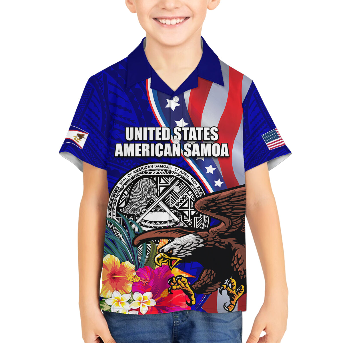 Personalised American Samoa and United States Family Matching Off The Shoulder Long Sleeve Dress and Hawaiian Shirt Bald Eagle and Seal Hibiscus Polynesian Pattern