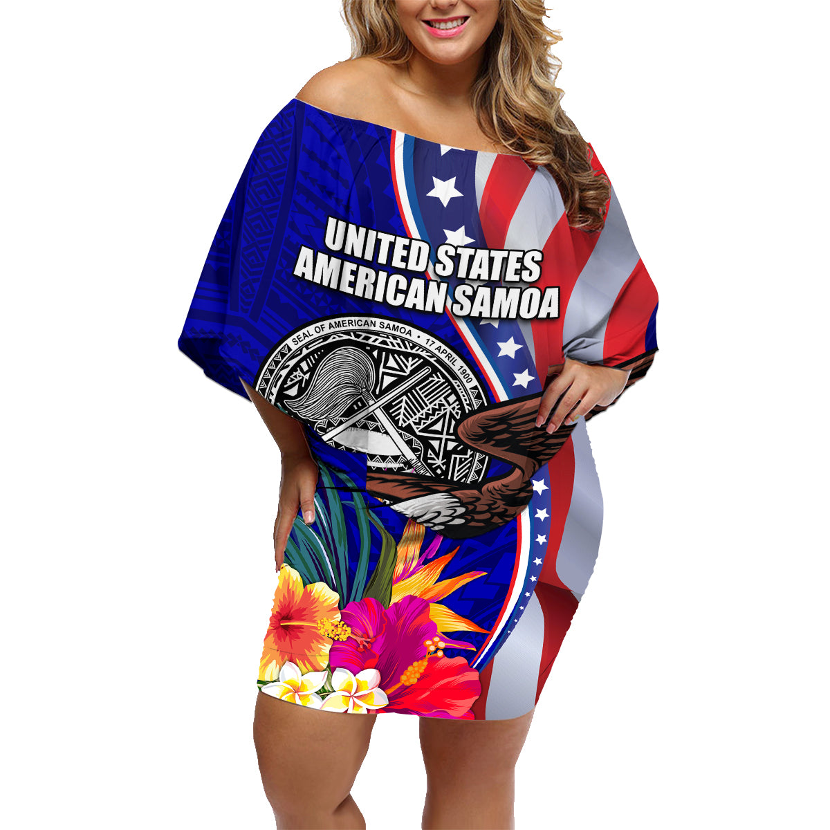 Personalised American Samoa and United States Family Matching Off Shoulder Short Dress and Hawaiian Shirt Bald Eagle and Seal Hibiscus Polynesian Pattern