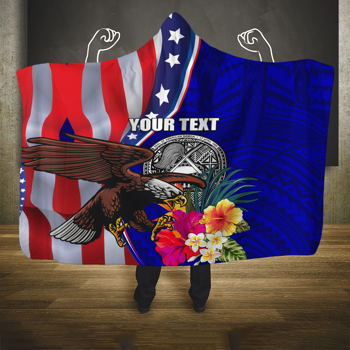 Personalised American Samoa and United States Hooded Blanket Bald Eagle and Seal Hibiscus Polynesian Pattern LT03 One Size Blue - Polynesian Pride