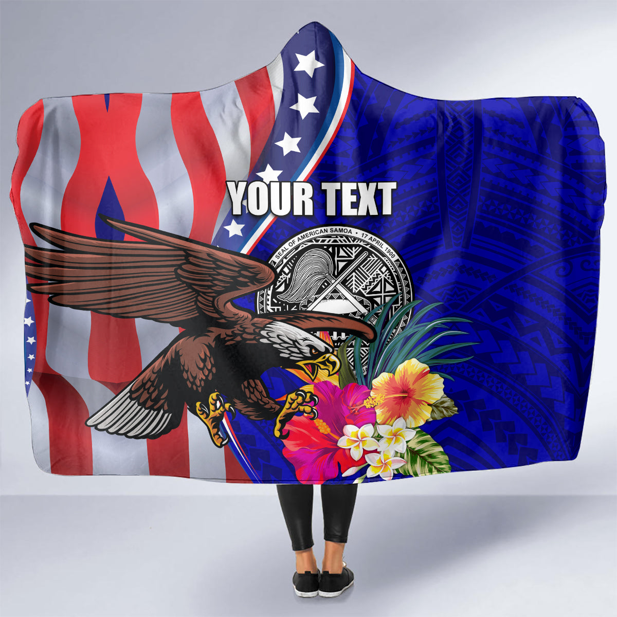 Personalised American Samoa and United States Hooded Blanket Bald Eagle and Seal Hibiscus Polynesian Pattern LT03 - Polynesian Pride