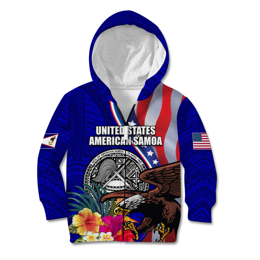 Personalised American Samoa and United States Kid Hoodie Bald Eagle and Seal Hibiscus Polynesian Pattern LT03 Zip Hoodie Blue - Polynesian Pride