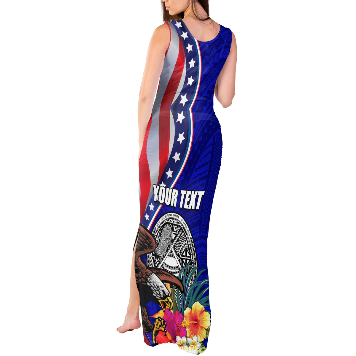 Personalised American Samoa and United States Tank Maxi Dress Bald Eagle and Seal Hibiscus Polynesian Pattern