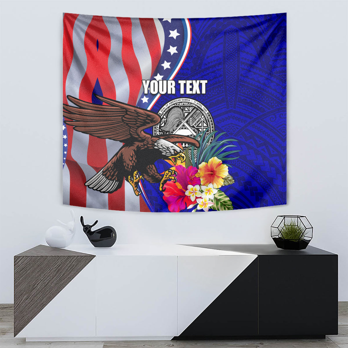 Personalised American Samoa and United States Tapestry Bald Eagle and Seal Hibiscus Polynesian Pattern