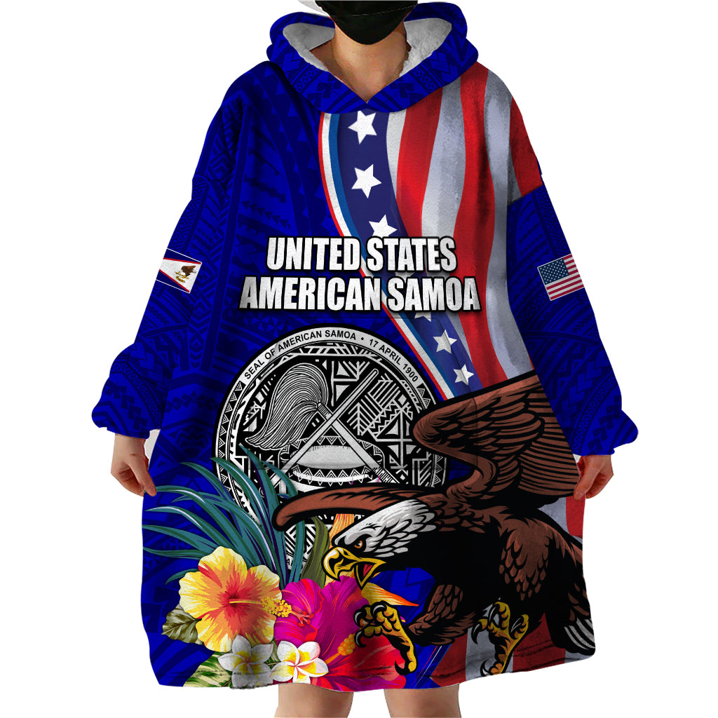 Personalised American Samoa and United States Wearable Blanket Hoodie Bald Eagle and Seal Hibiscus Polynesian Pattern