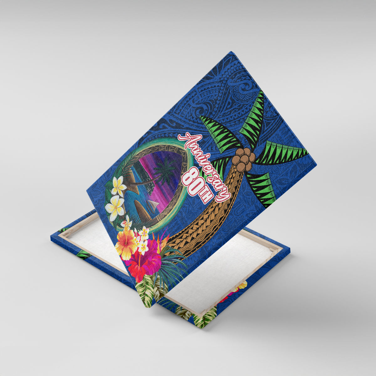 Guam Liberation Day 80th Anniversary Canvas Wall Art Palm Tree and Seal Artwork Hibiscus Polynesian Pattern