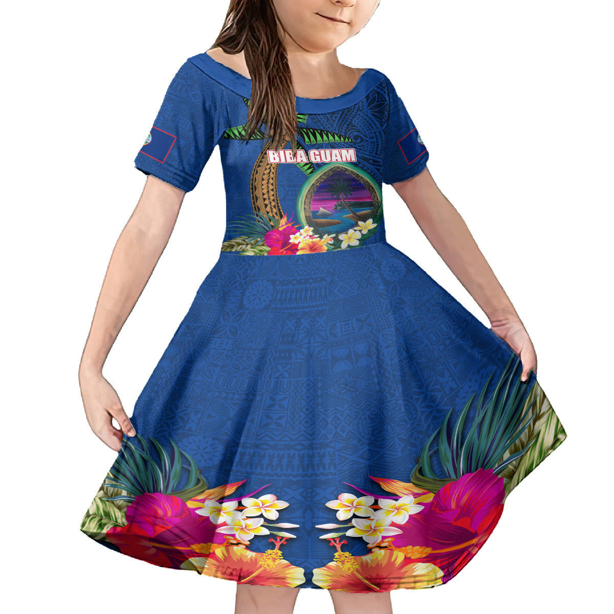 Guam Liberation Day 80th Anniversary Family Matching Long Sleeve Bodycon Dress and Hawaiian Shirt Palm Tree and Seal Artwork Hibiscus Polynesian Pattern