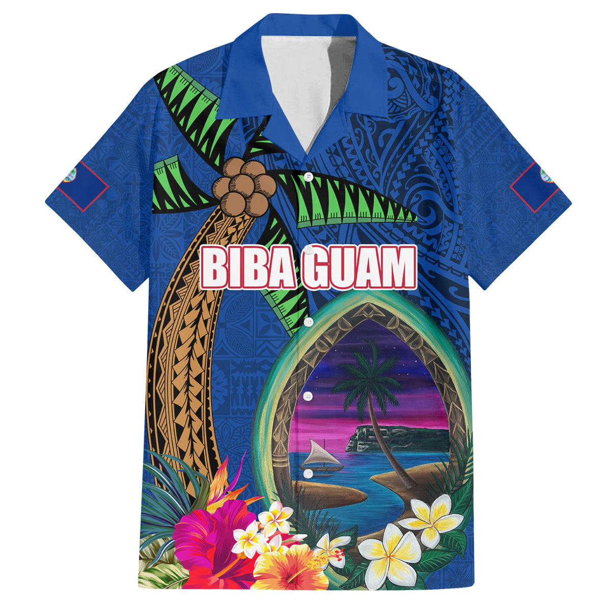 Guam Liberation Day 80th Anniversary Family Matching Off Shoulder Maxi Dress and Hawaiian Shirt Palm Tree and Seal Artwork Hibiscus Polynesian Pattern