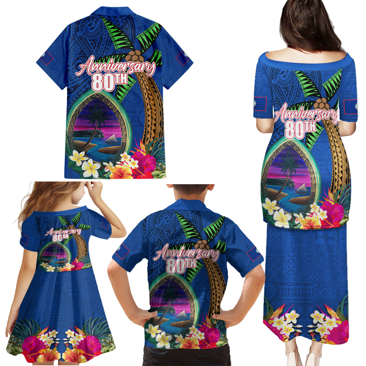 Guam Liberation Day 80th Anniversary Family Matching Puletasi and Hawaiian Shirt Palm Tree and Seal Artwork Hibiscus Polynesian Pattern