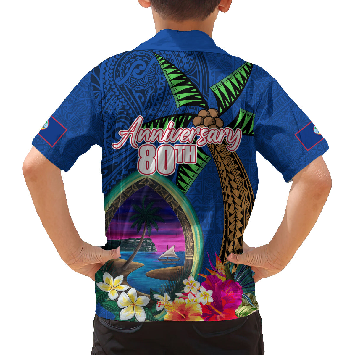 Guam Liberation Day 80th Anniversary Family Matching Summer Maxi Dress and Hawaiian Shirt Palm Tree and Seal Artwork Hibiscus Polynesian Pattern