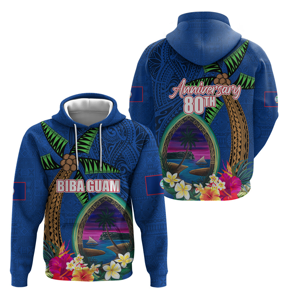 Guam Liberation Day 80th Anniversary Hoodie Palm Tree and Seal Artwork Hibiscus Polynesian Pattern