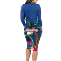 Guam Liberation Day 80th Anniversary Long Sleeve Bodycon Dress Palm Tree and Seal Artwork Hibiscus Polynesian Pattern