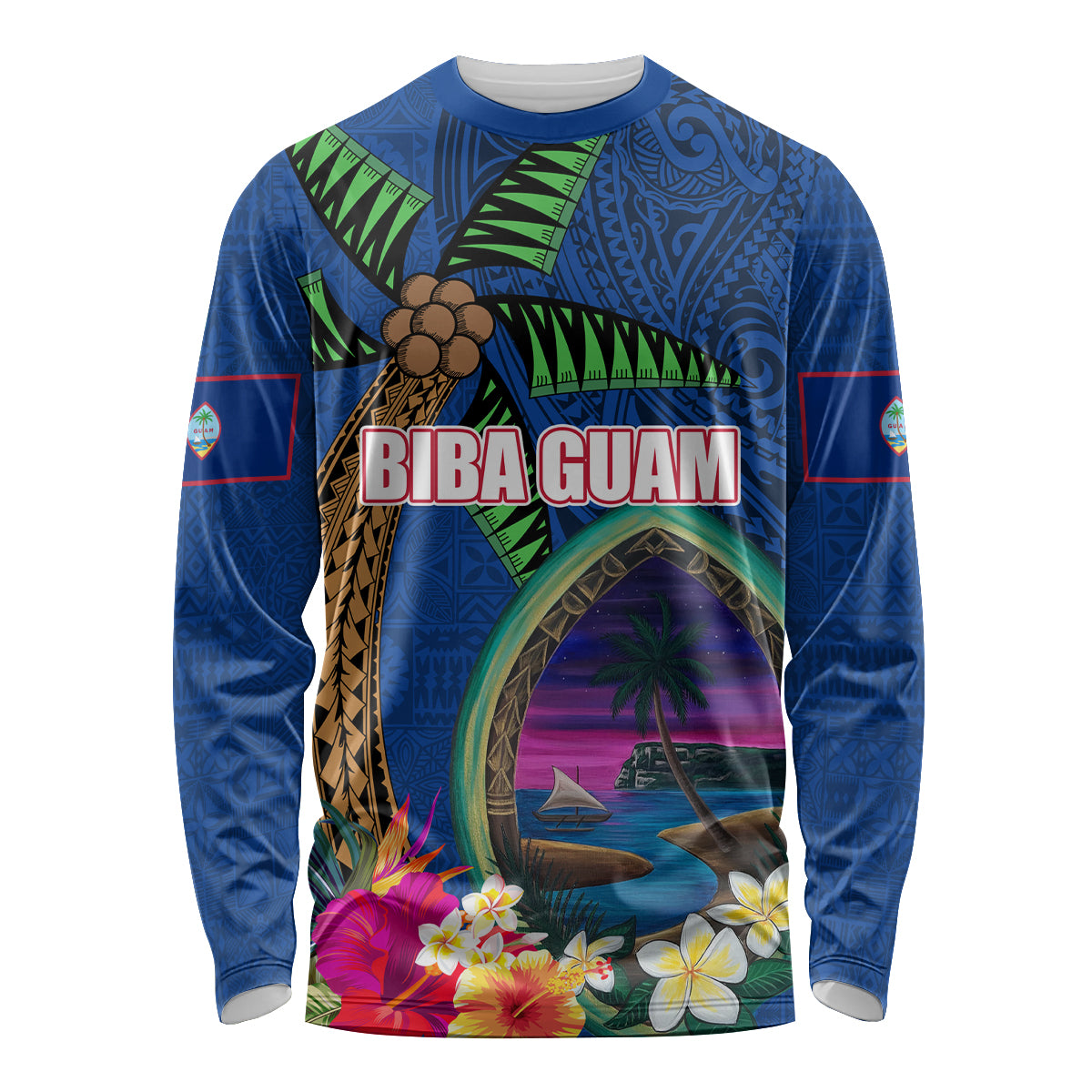 Guam Liberation Day 80th Anniversary Long Sleeve Shirt Palm Tree and Seal Artwork Hibiscus Polynesian Pattern LT03 Unisex Blue - Polynesian Pride