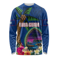 Guam Liberation Day 80th Anniversary Long Sleeve Shirt Palm Tree and Seal Artwork Hibiscus Polynesian Pattern LT03 Unisex Blue - Polynesian Pride