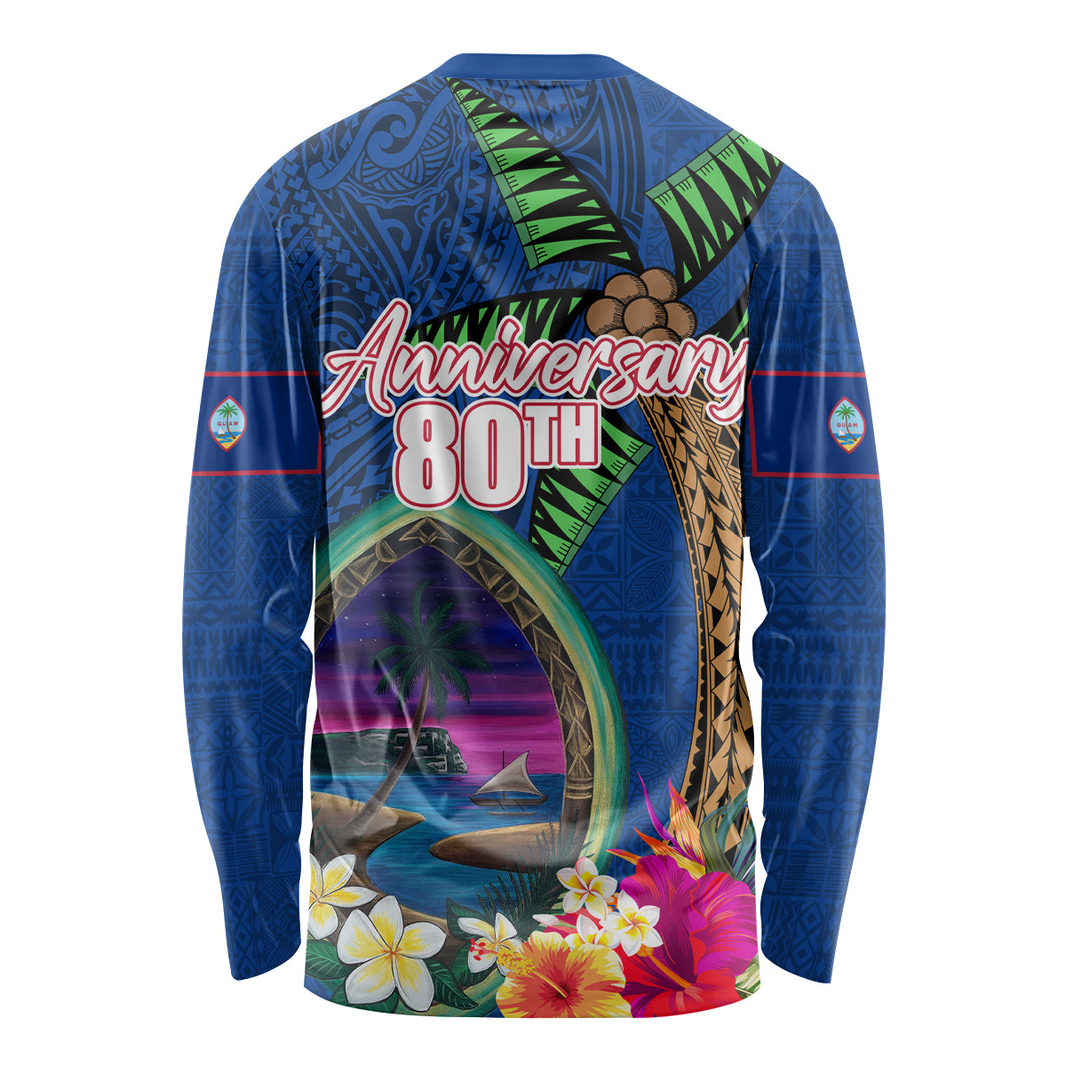 Guam Liberation Day 80th Anniversary Long Sleeve Shirt Palm Tree and Seal Artwork Hibiscus Polynesian Pattern LT03 - Polynesian Pride