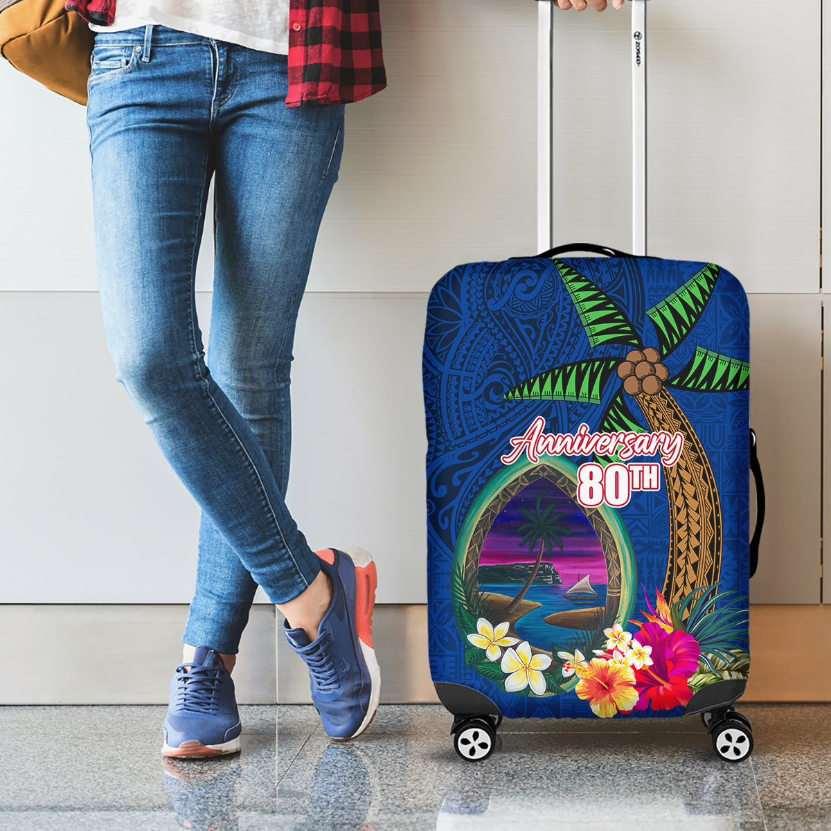 Guam Liberation Day 80th Anniversary Luggage Cover Palm Tree and Seal Artwork Hibiscus Polynesian Pattern