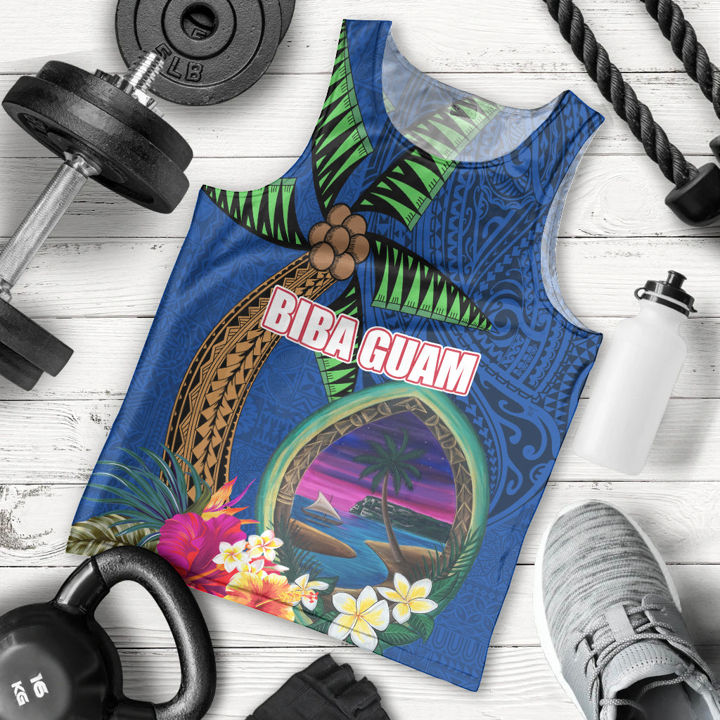 Guam Liberation Day 80th Anniversary Men Tank Top Palm Tree and Seal Artwork Hibiscus Polynesian Pattern