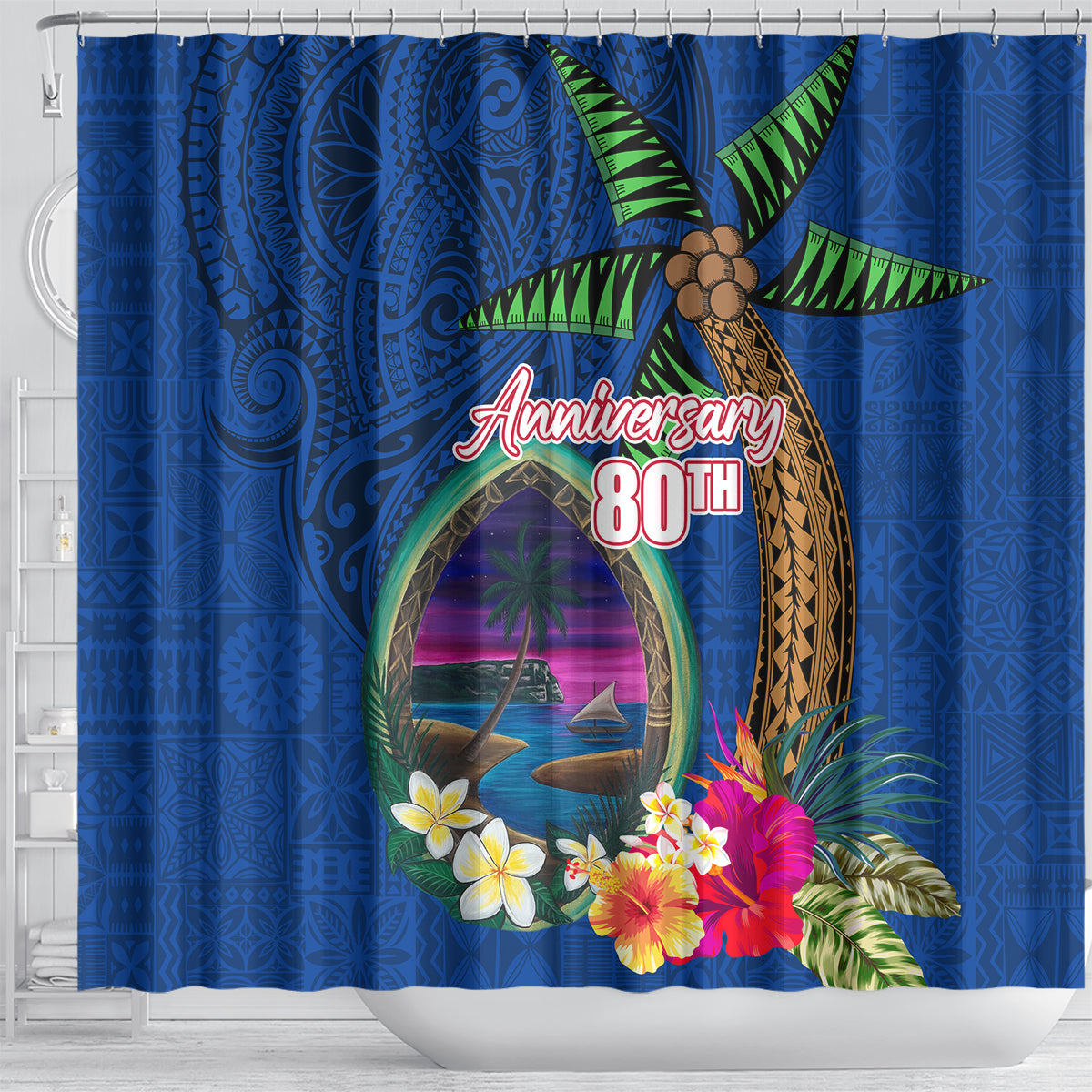 Guam Liberation Day 80th Anniversary Shower Curtain Palm Tree and Seal Artwork Hibiscus Polynesian Pattern