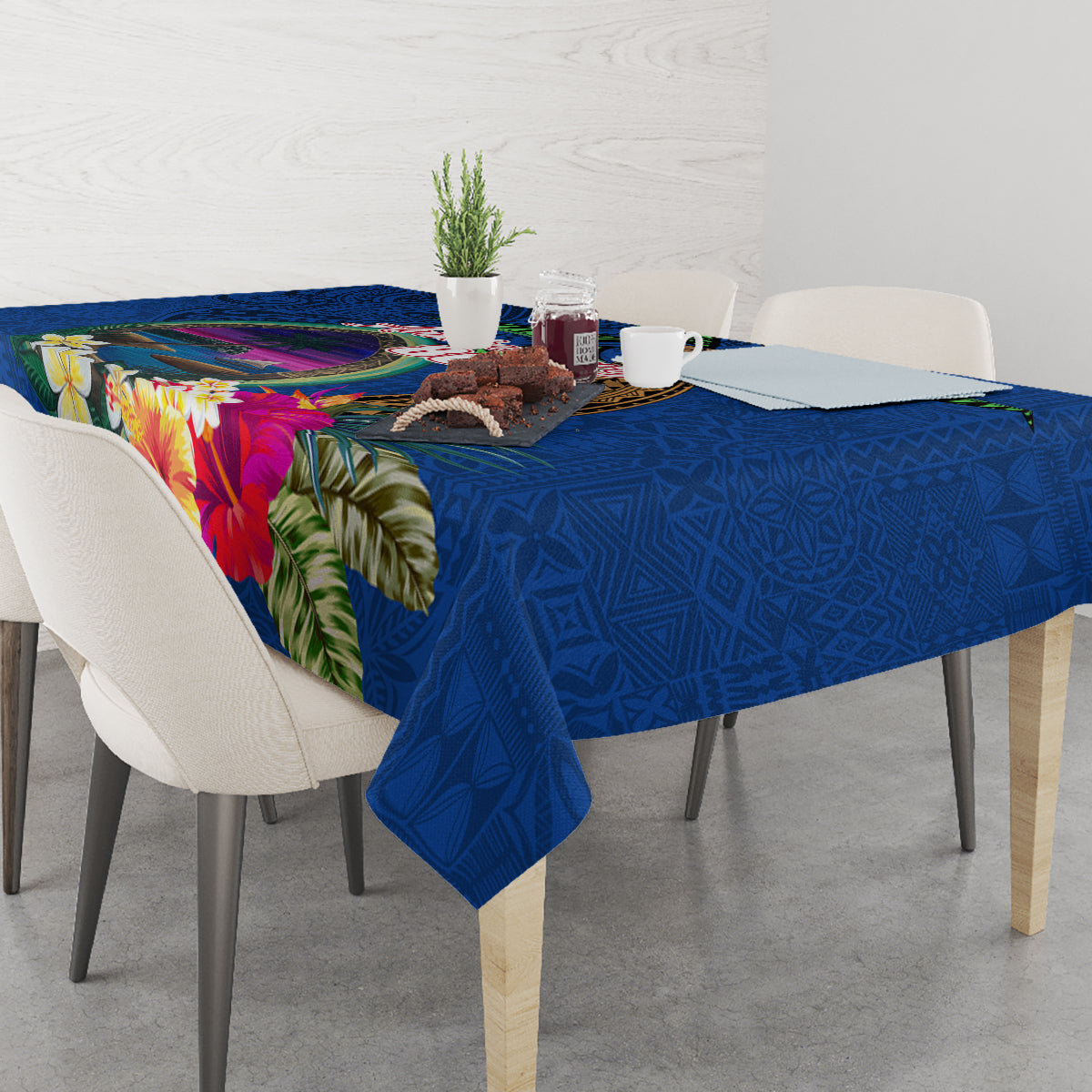 Guam Liberation Day 80th Anniversary Tablecloth Palm Tree and Seal Artwork Hibiscus Polynesian Pattern