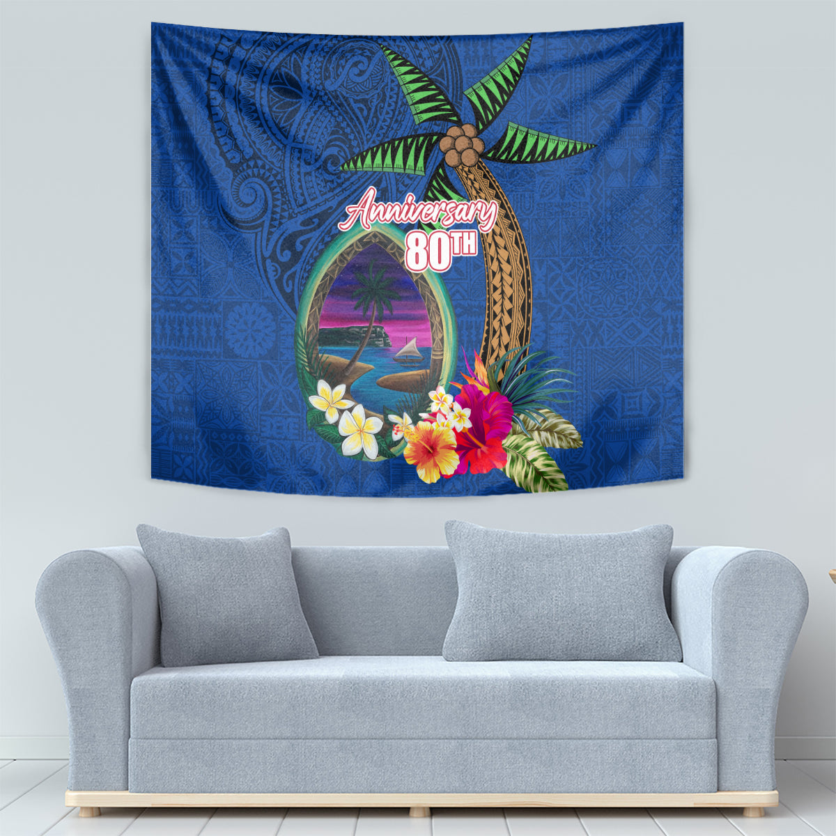 Guam Liberation Day 80th Anniversary Tapestry Palm Tree and Seal Artwork Hibiscus Polynesian Pattern