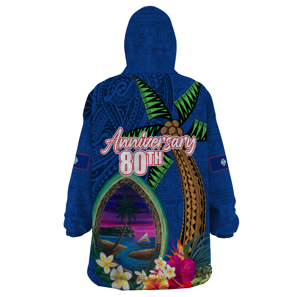 Guam Liberation Day 80th Anniversary Wearable Blanket Hoodie Palm Tree and Seal Artwork Hibiscus Polynesian Pattern