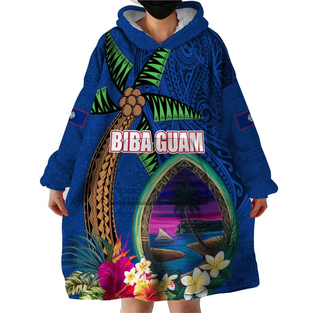 Guam Liberation Day 80th Anniversary Wearable Blanket Hoodie Palm Tree and Seal Artwork Hibiscus Polynesian Pattern
