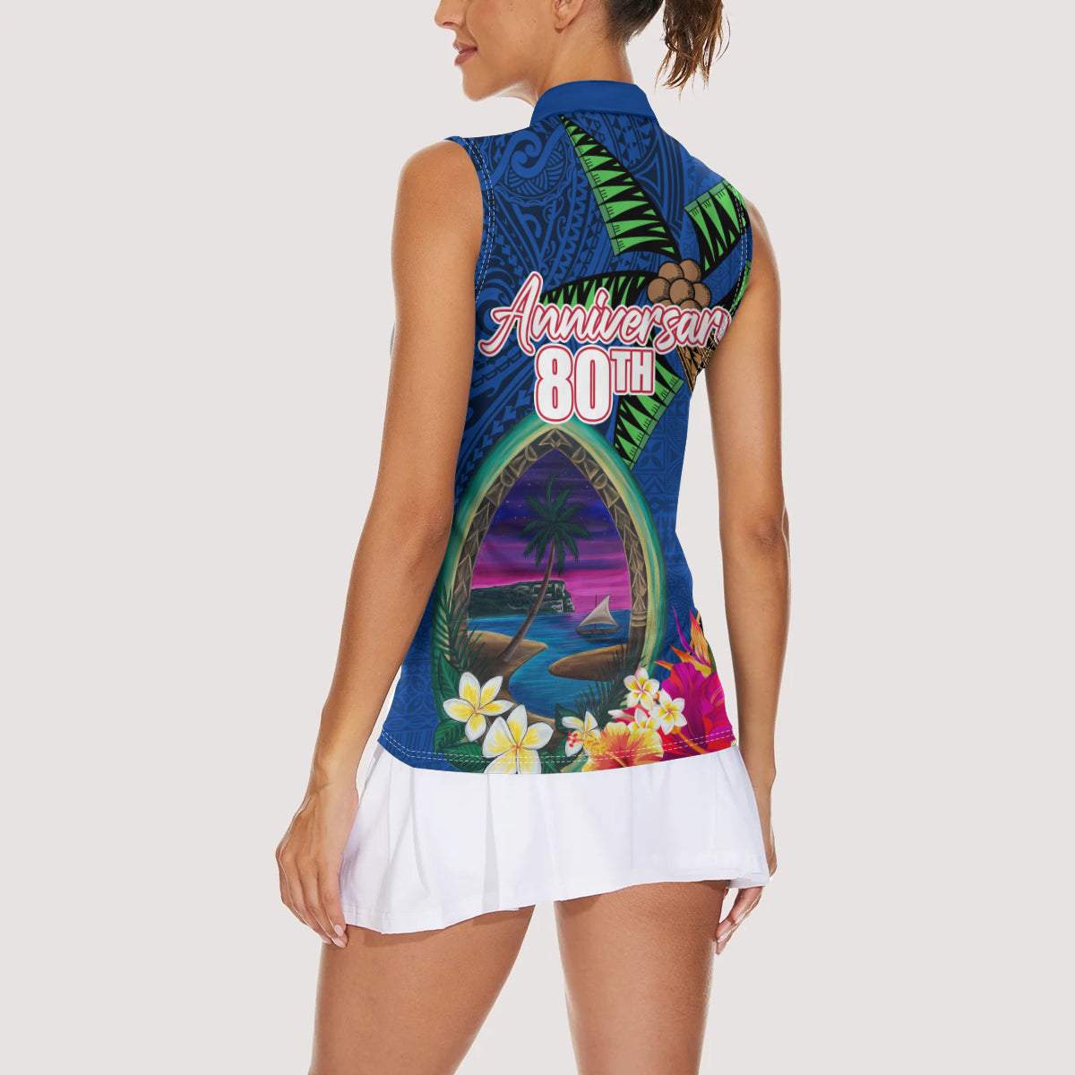 Guam Liberation Day 80th Anniversary Women Sleeveless Polo Shirt Palm Tree and Seal Artwork Hibiscus Polynesian Pattern