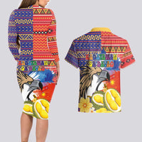 Philippines Kadayawan Couples Matching Long Sleeve Bodycon Dress and Hawaiian Shirt Filipino Eagle Durian with Polynesian and Igorots Pattern