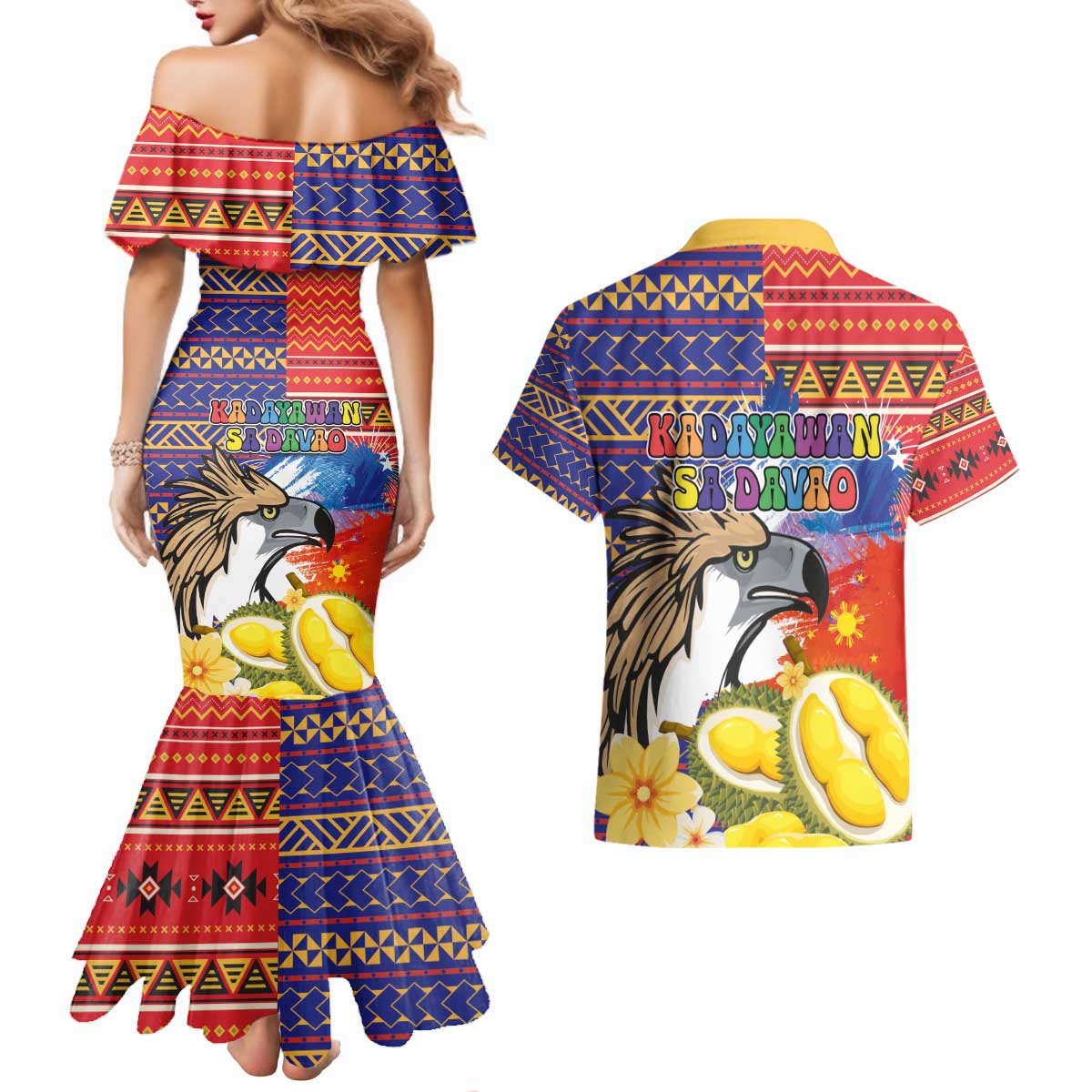 Philippines Kadayawan Couples Matching Mermaid Dress and Hawaiian Shirt Filipino Eagle Durian with Polynesian and Igorots Pattern