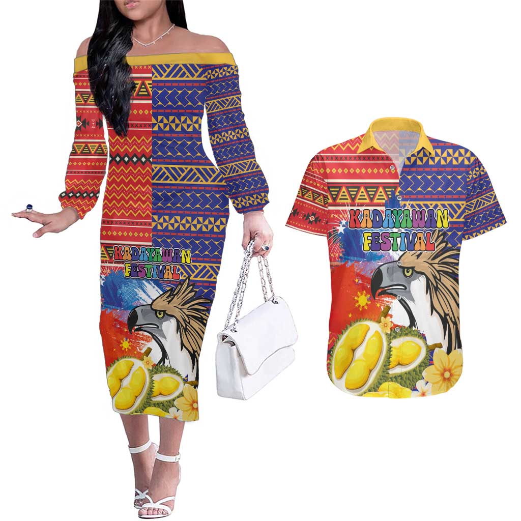 Philippines Kadayawan Couples Matching Off The Shoulder Long Sleeve Dress and Hawaiian Shirt Filipino Eagle Durian with Polynesian and Igorots Pattern