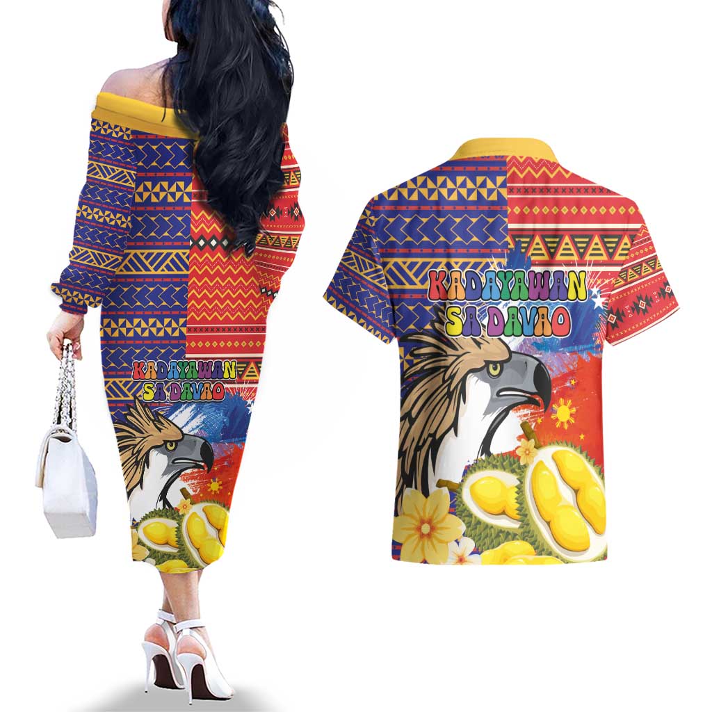 Philippines Kadayawan Couples Matching Off The Shoulder Long Sleeve Dress and Hawaiian Shirt Filipino Eagle Durian with Polynesian and Igorots Pattern
