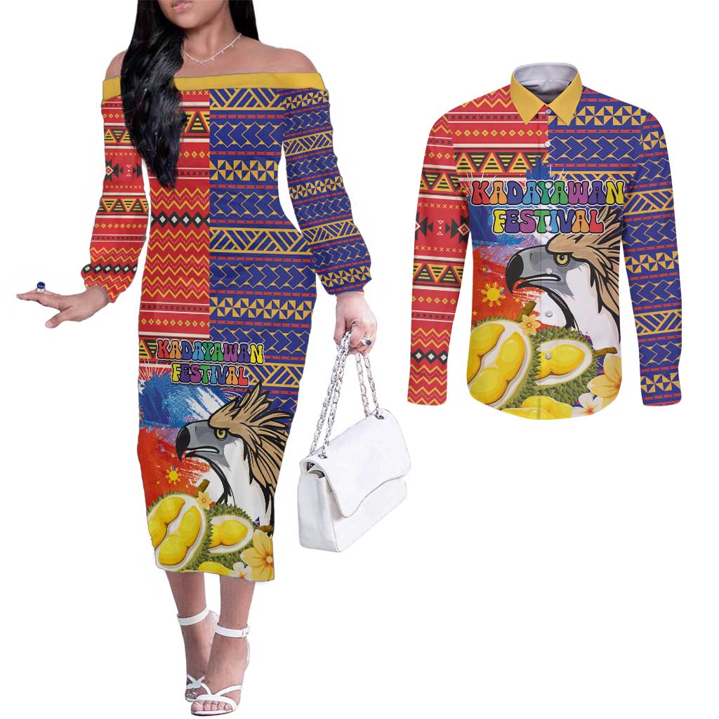 Philippines Kadayawan Couples Matching Off The Shoulder Long Sleeve Dress and Long Sleeve Button Shirt Filipino Eagle Durian with Polynesian and Igorots Pattern
