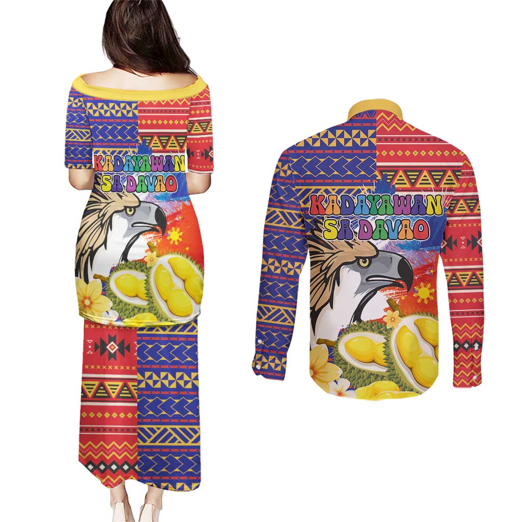 Philippines Kadayawan Couples Matching Puletasi and Long Sleeve Button Shirt Filipino Eagle Durian with Polynesian and Igorots Pattern