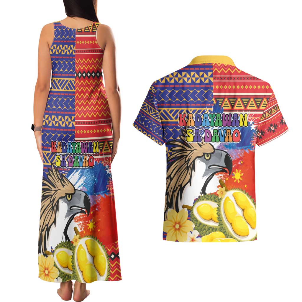 Philippines Kadayawan Couples Matching Tank Maxi Dress and Hawaiian Shirt Filipino Eagle Durian with Polynesian and Igorots Pattern