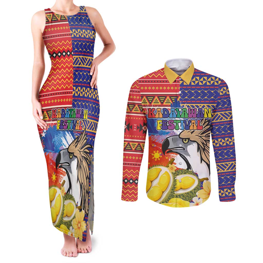 Philippines Kadayawan Couples Matching Tank Maxi Dress and Long Sleeve Button Shirt Filipino Eagle Durian with Polynesian and Igorots Pattern