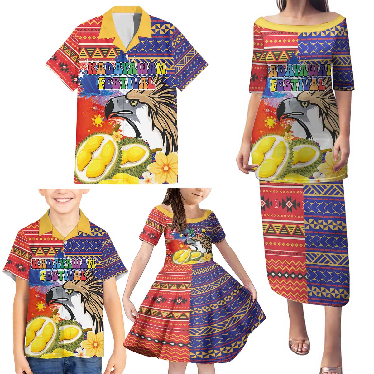 Philippines Kadayawan Family Matching Puletasi and Hawaiian Shirt Filipino Eagle Durian with Polynesian and Igorots Pattern