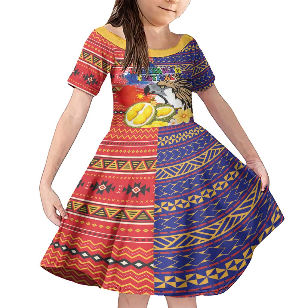 Philippines Kadayawan Family Matching Tank Maxi Dress and Hawaiian Shirt Filipino Eagle Durian with Polynesian and Igorots Pattern LT03 Daughter's Dress Red - Polynesian Pride