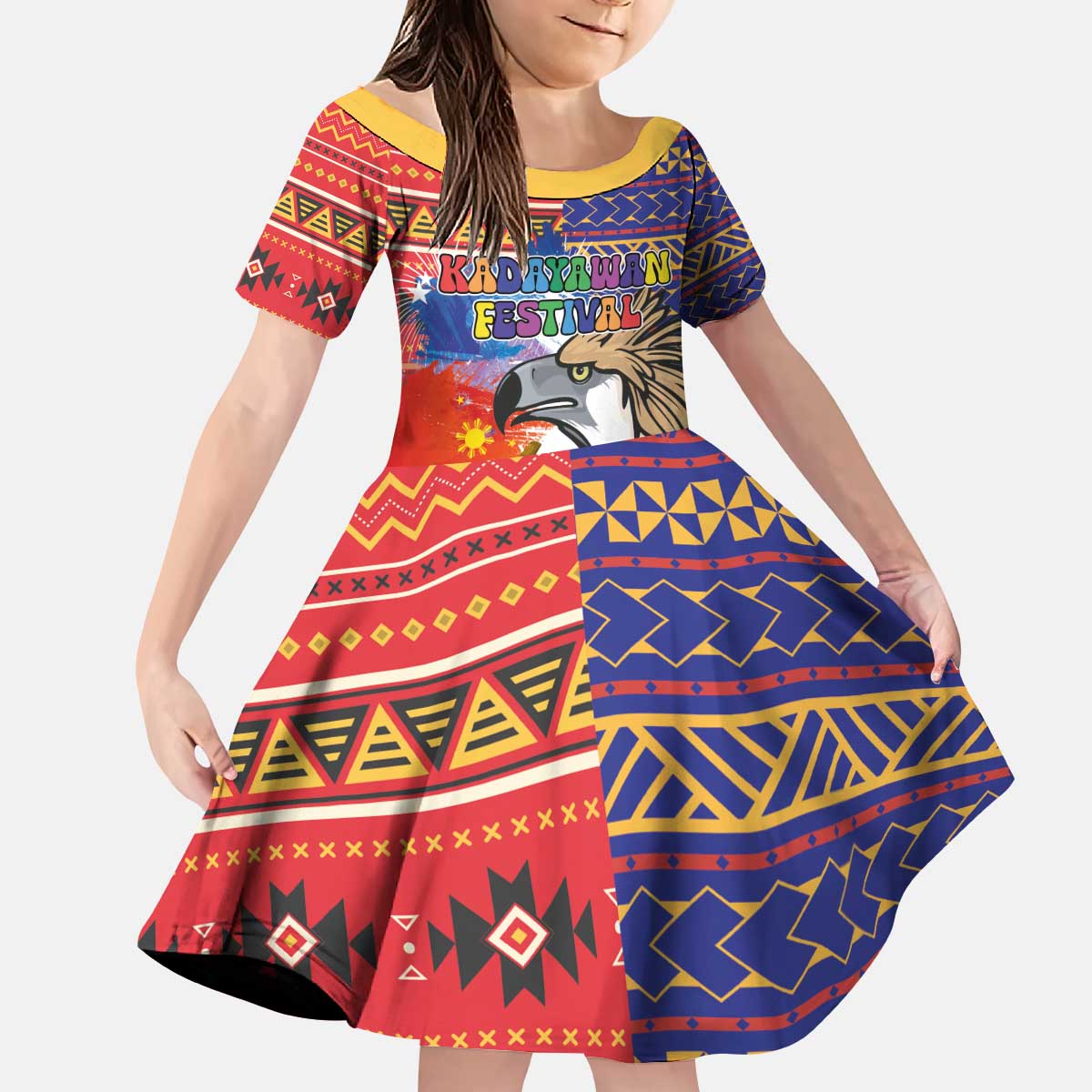 Philippines Kadayawan Kid Short Sleeve Dress Filipino Eagle Durian with Polynesian and Igorots Pattern LT03 KID Red - Polynesian Pride