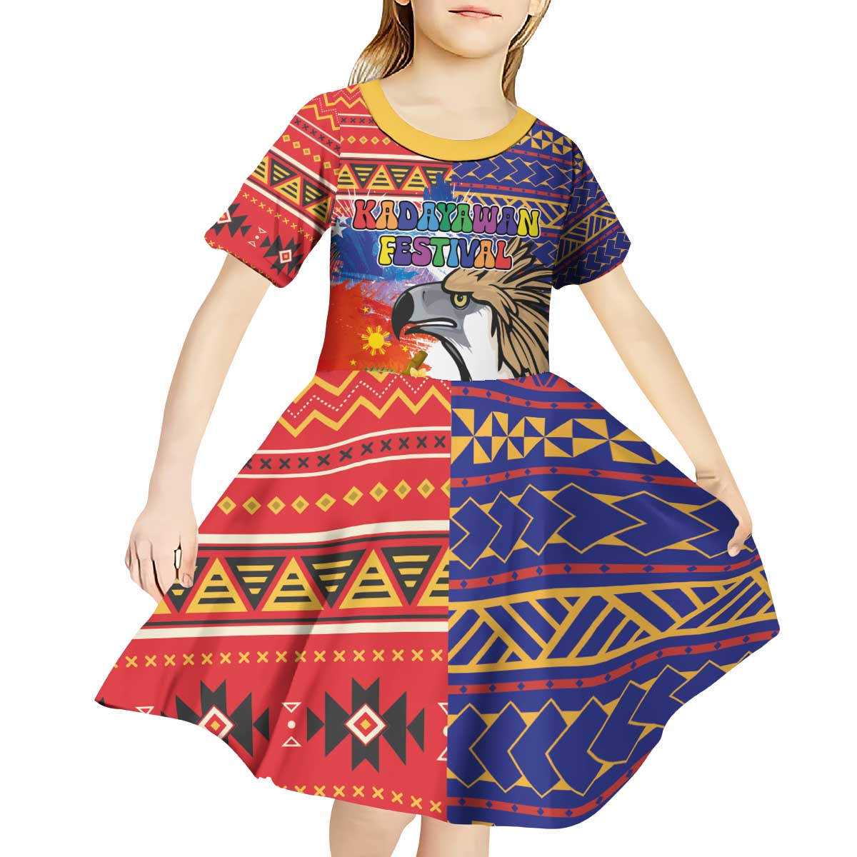 Philippines Kadayawan Kid Short Sleeve Dress Filipino Eagle Durian with Polynesian and Igorots Pattern LT03 - Polynesian Pride