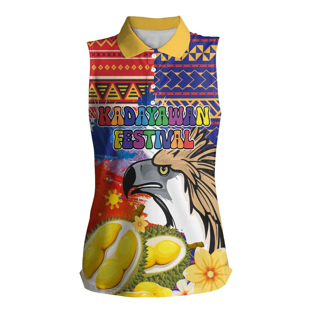 Philippines Kadayawan Women Sleeveless Polo Shirt Filipino Eagle Durian with Polynesian and Igorots Pattern LT03 Female Red - Polynesian Pride