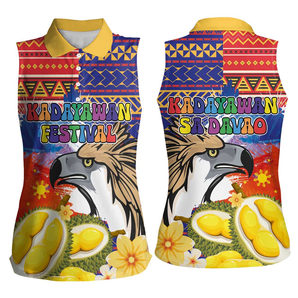 Philippines Kadayawan Women Sleeveless Polo Shirt Filipino Eagle Durian with Polynesian and Igorots Pattern LT03 - Polynesian Pride