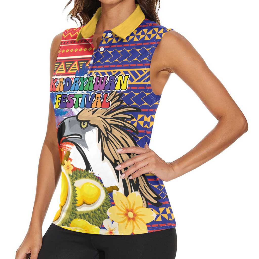 Philippines Kadayawan Women Sleeveless Polo Shirt Filipino Eagle Durian with Polynesian and Igorots Pattern LT03 - Polynesian Pride