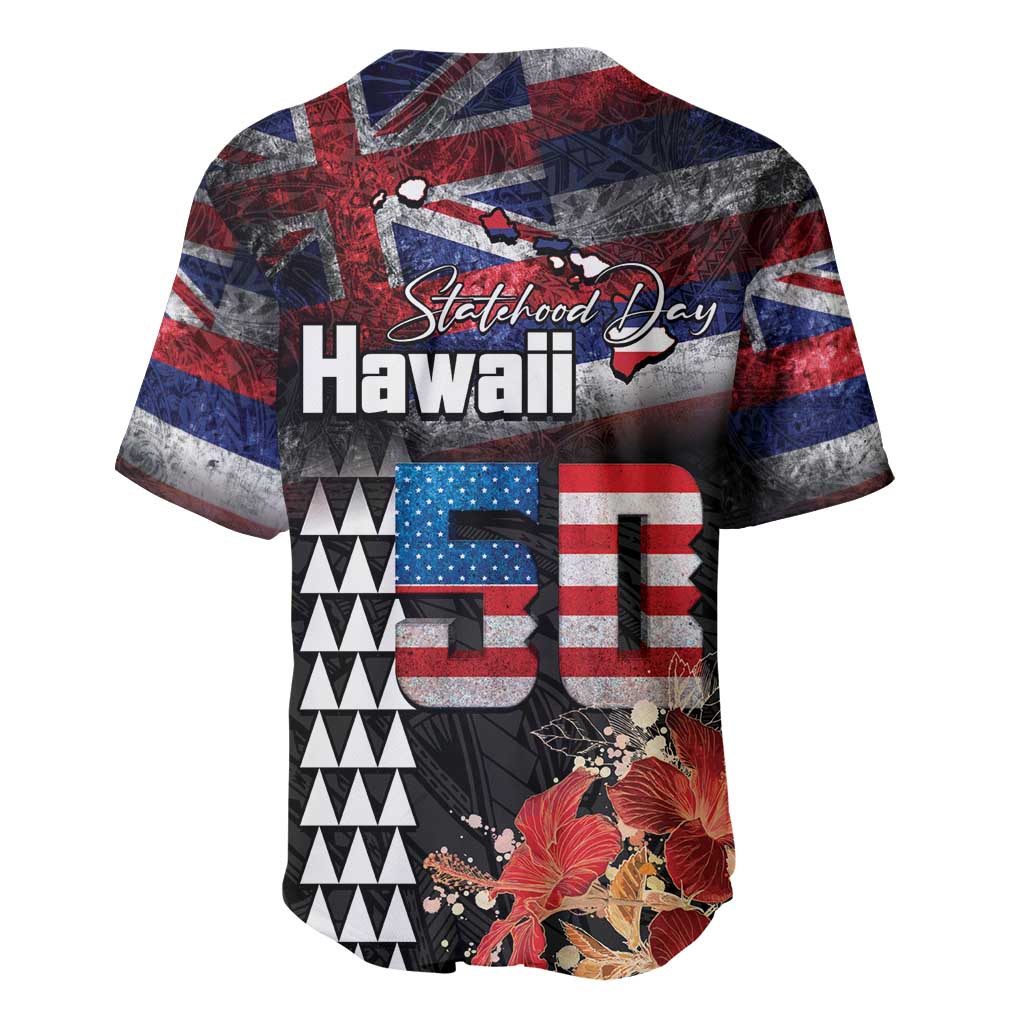 Hawaii Statehood Day Baseball Jersey 50th state of the United States Kakau Tattoos and Hibiscus Grunge - Polynesian Pride