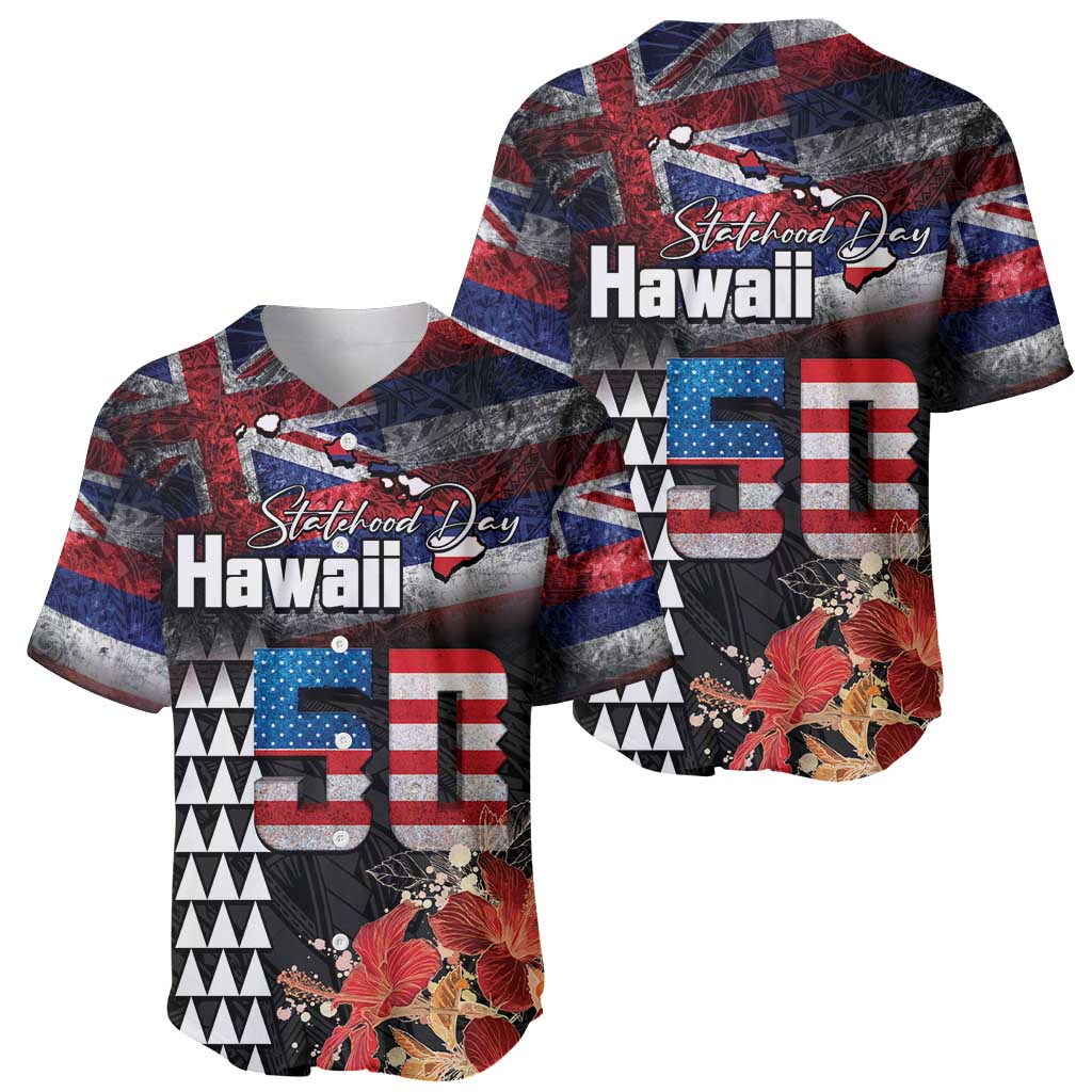 Hawaii Statehood Day Baseball Jersey 50th state of the United States Kakau Tattoos and Hibiscus Grunge - Polynesian Pride