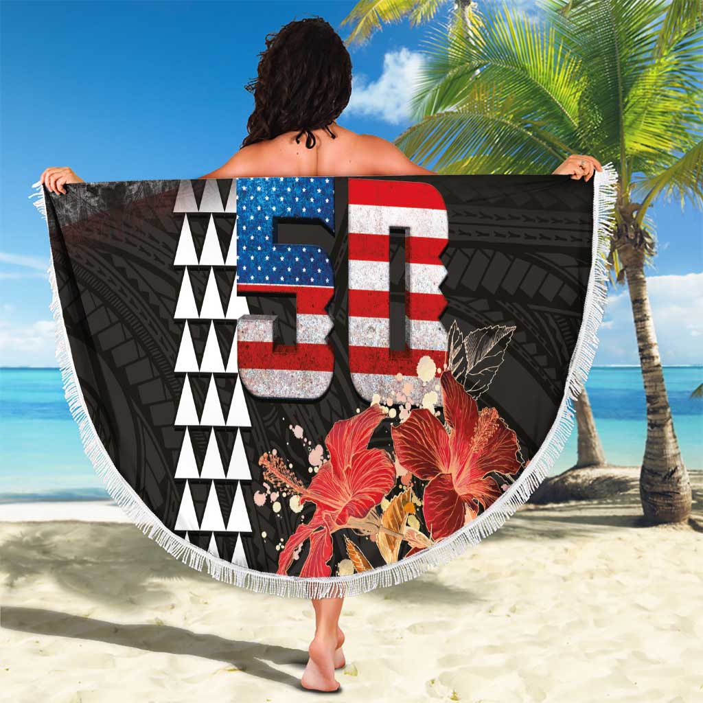 Hawaii Statehood Day Beach Blanket 50th state of the United States Kakau Tattoos and Hibiscus Grunge - Polynesian Pride