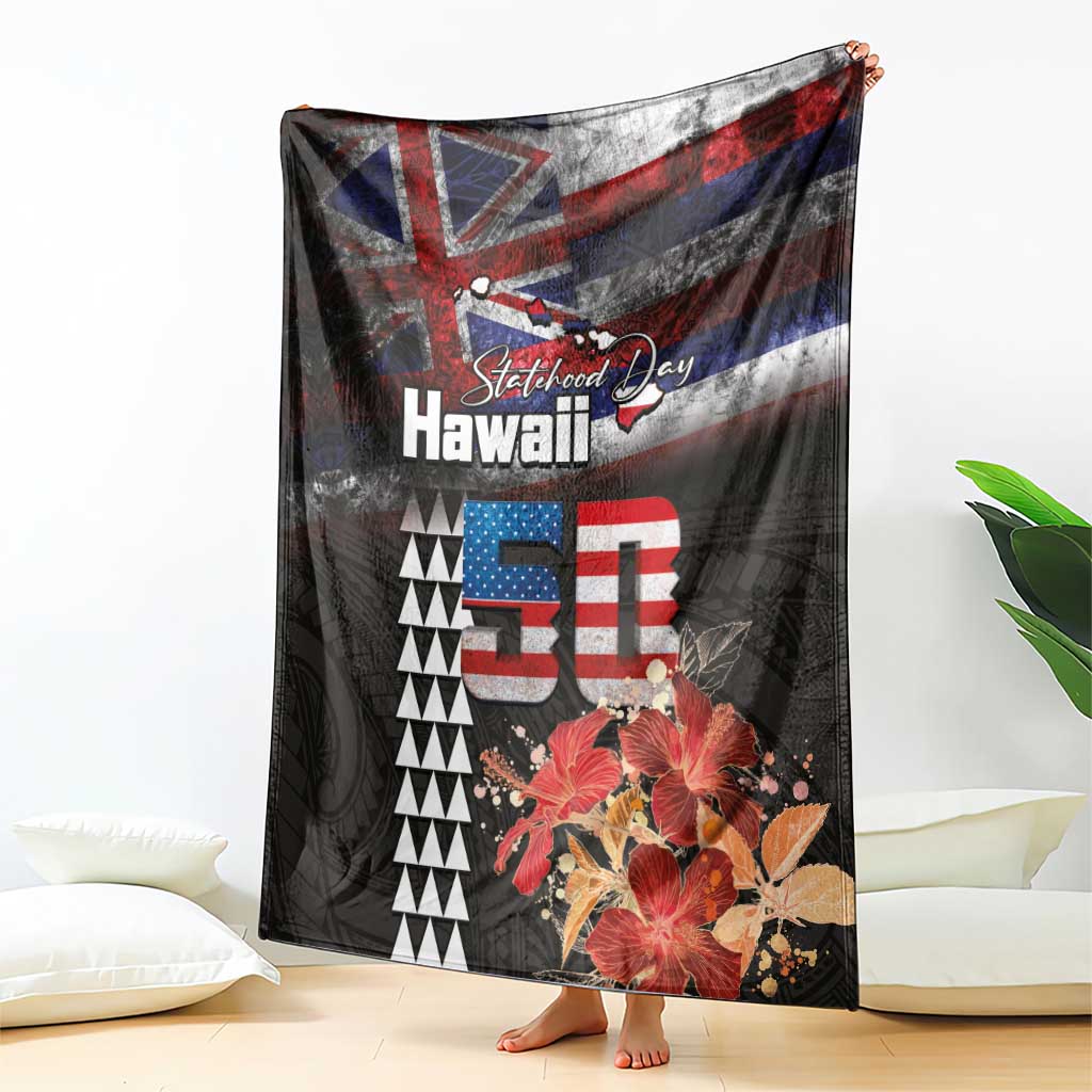 Hawaii Statehood Day Blanket 50th state of the United States Kakau Tattoos and Hibiscus Grunge - Polynesian Pride