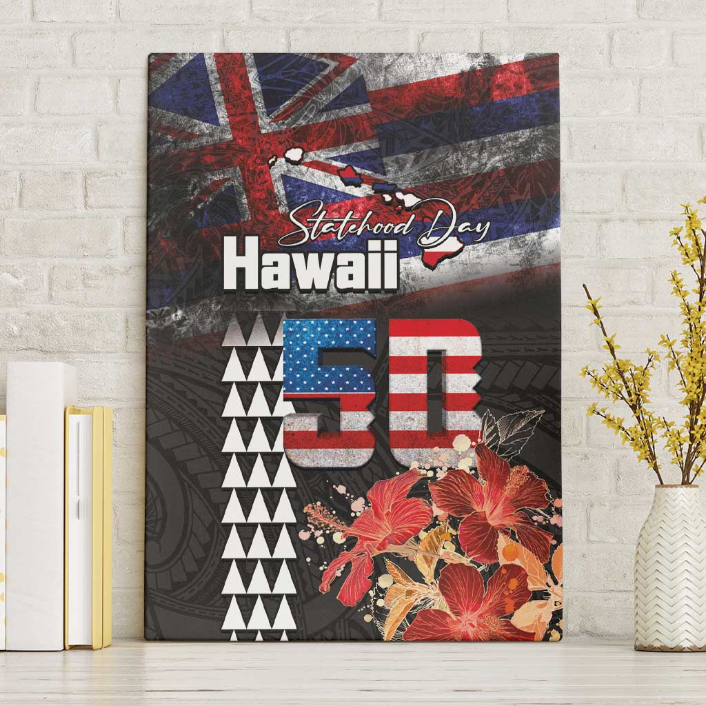 Hawaii Statehood Day Canvas Wall Art 50th state of the United States Kakau Tattoos and Hibiscus Grunge - Polynesian Pride